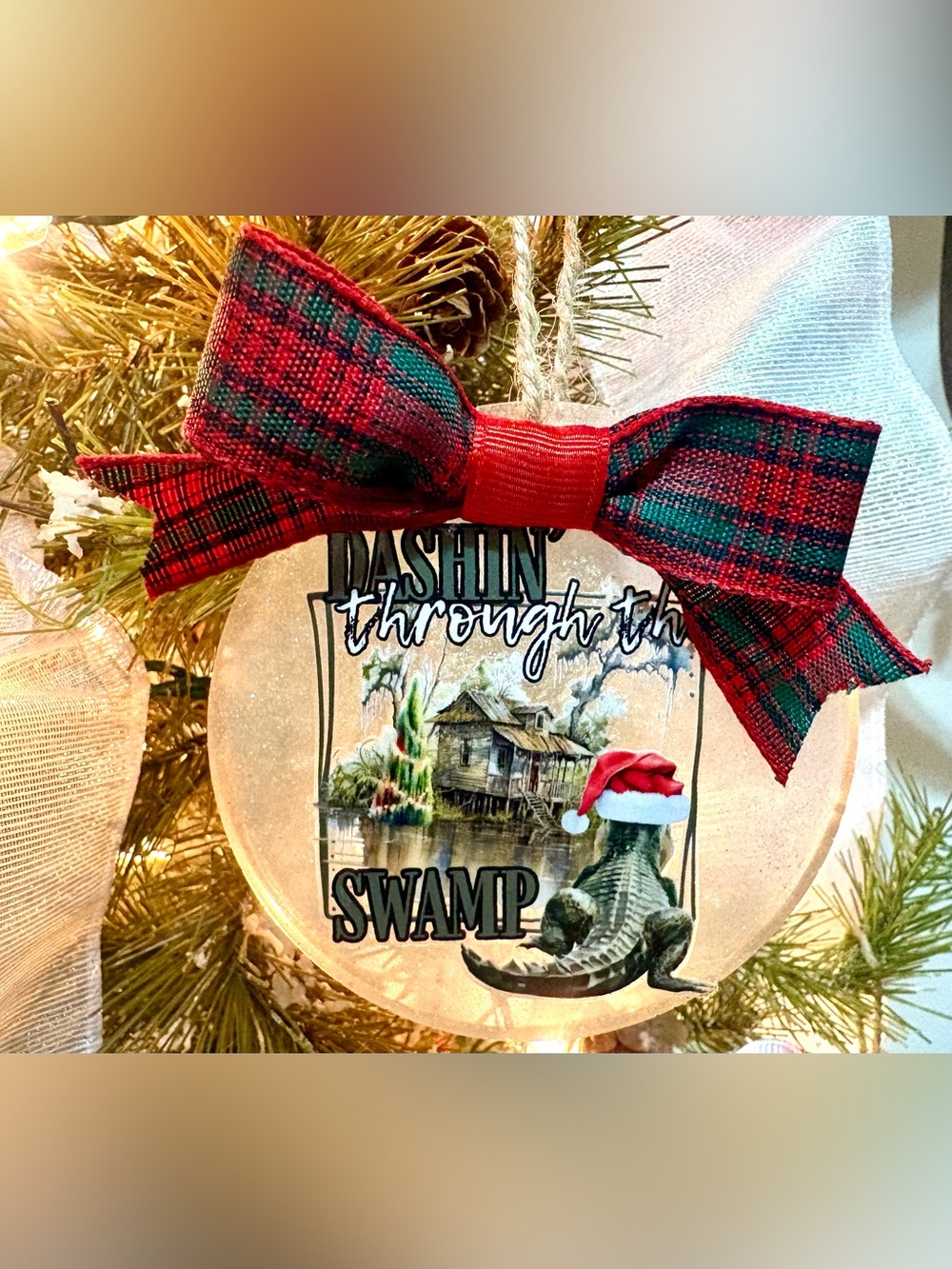 Holiday 'Dashin' Through the Swamp' Ornament - Red Plaid Bow